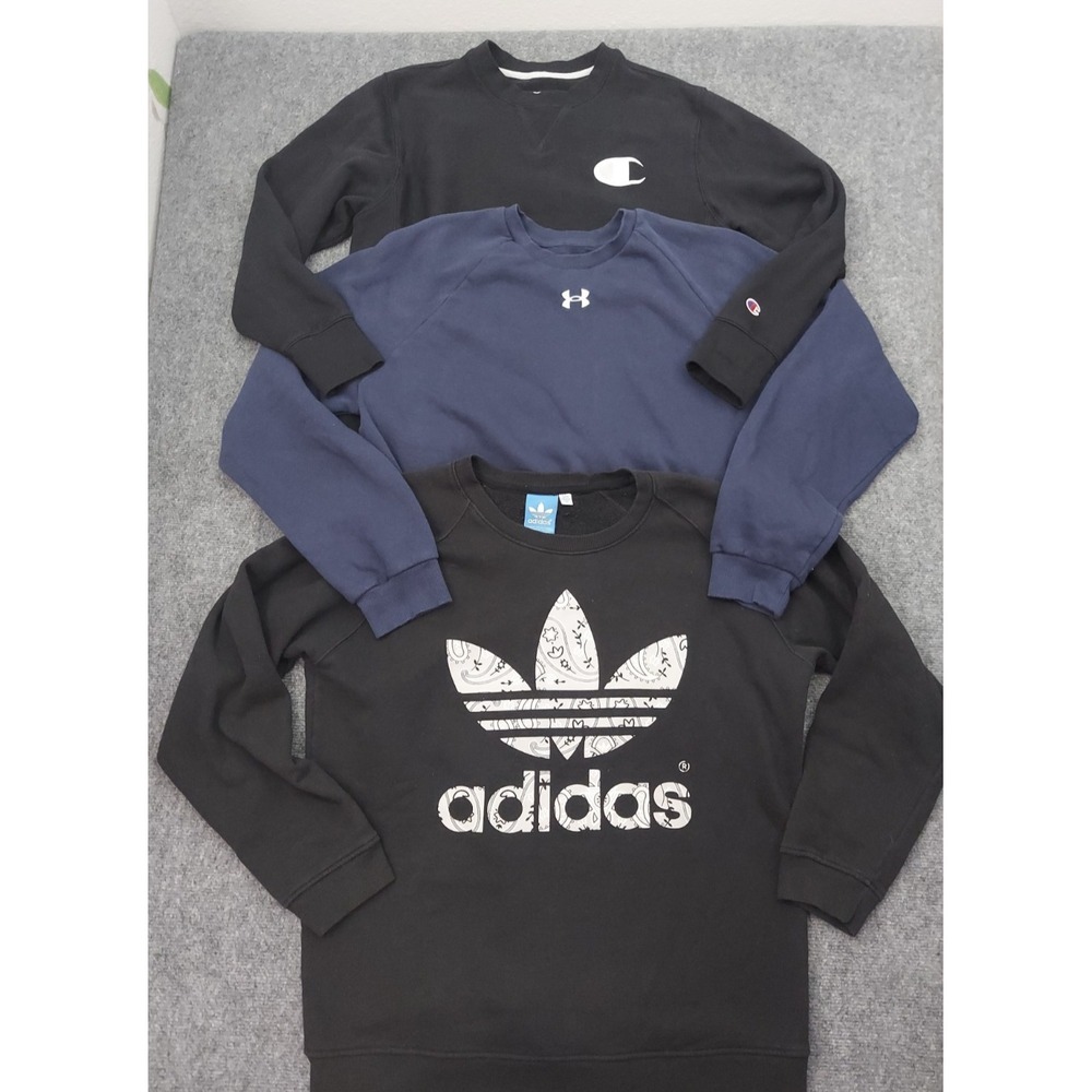 Lot 3 ADIDAS CHAMPION UNDER ARMOUR Sweat Shirt Mens XL Black Trefoil Crew Neck